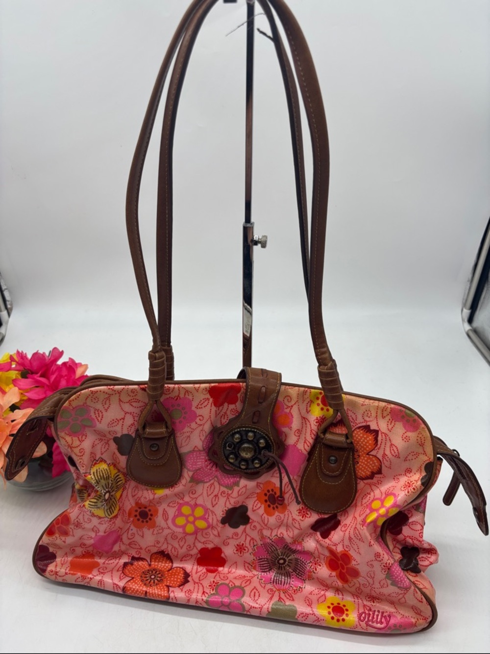 Oililly Pink Floral Shoulder Bag with Brown Trim